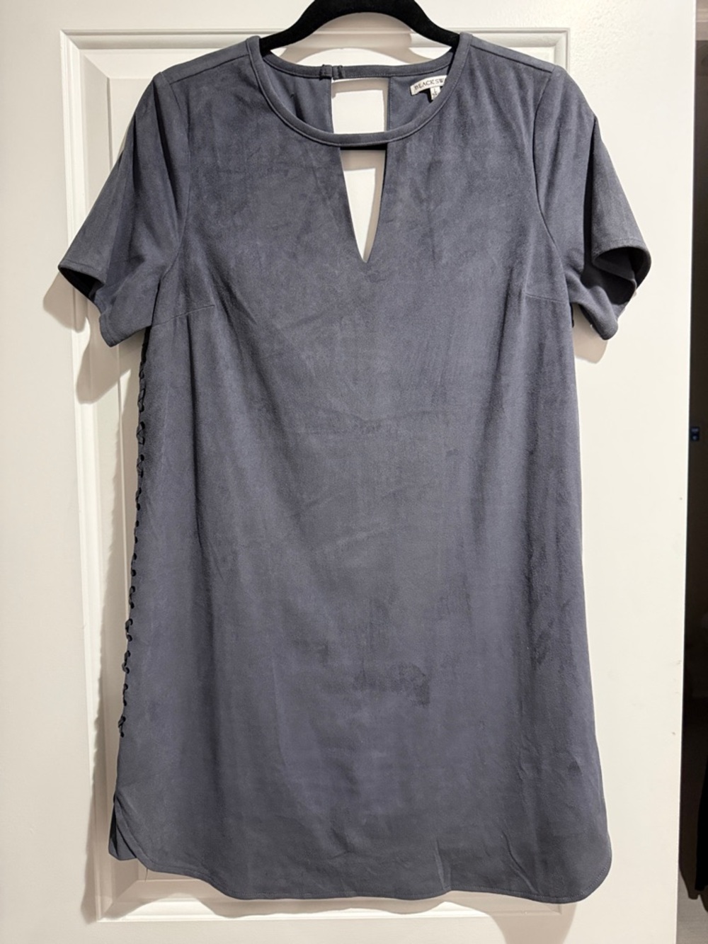 Black Swan Faux-Suede Short Sleeve Shift Top - Slate Gray with lace up detail